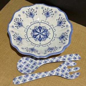 Le Cadeaux Melamine XL Salad Bowl, Spoon + Fork 13" X‎ 3.5" Blue Floral
